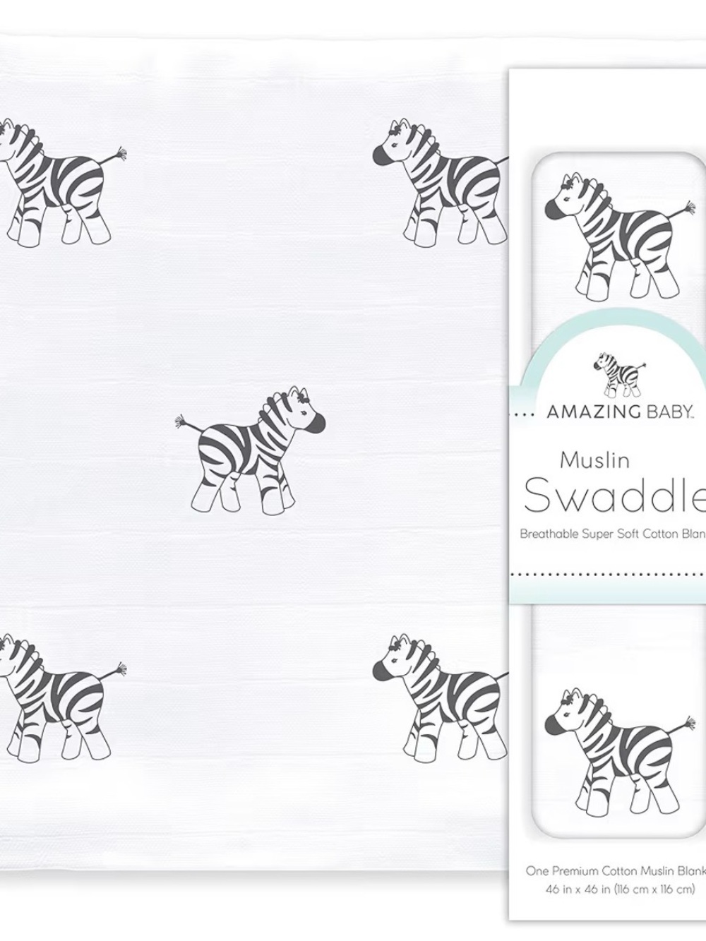 New Unopened Amazing Baby White Muslin Swaddle Blanket with Gray Zebra Print